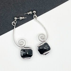 Faceted Black Cosmic Crystal Silver Tone Drop Dangle Classic Post Earrings